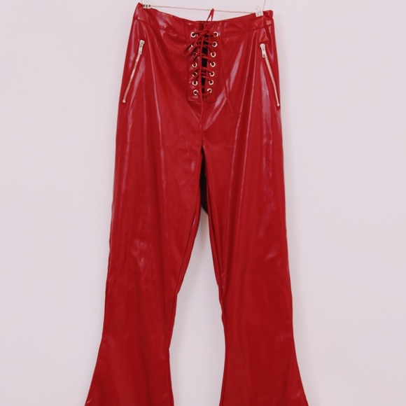 red pu pants